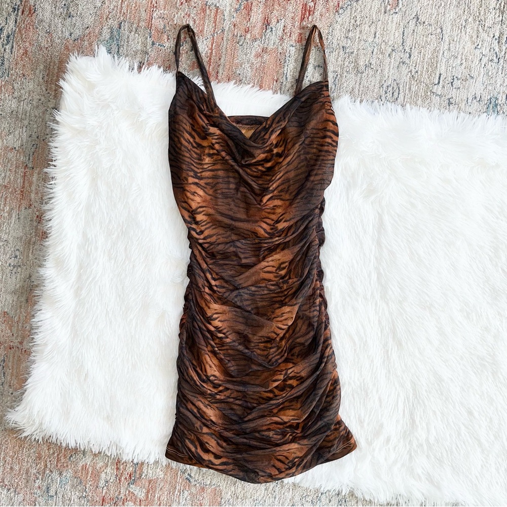 Princess Polly Harlan Mini Dress Tiger Brown 4 - Picture 3 of 5